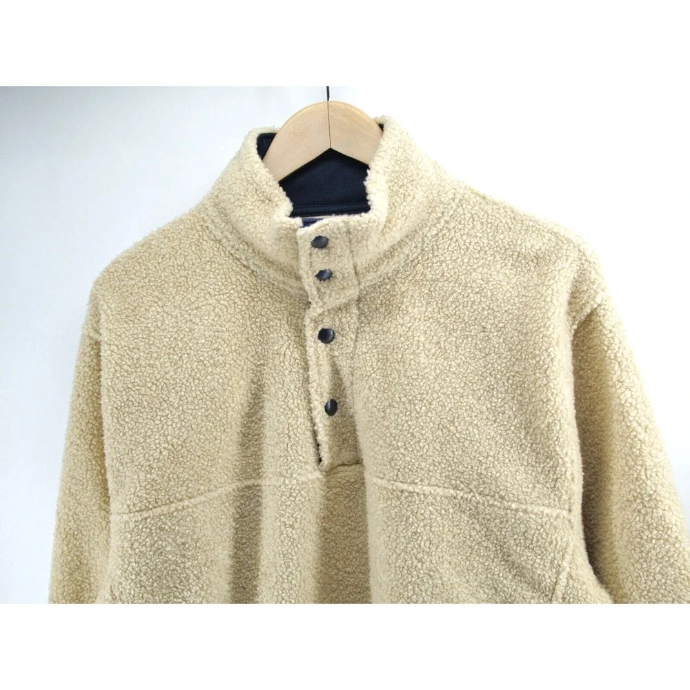 J. Crew Authentic Fleece Jacket Mens‎ Size XL Beige/Navy Sherpa 1/4 Snap